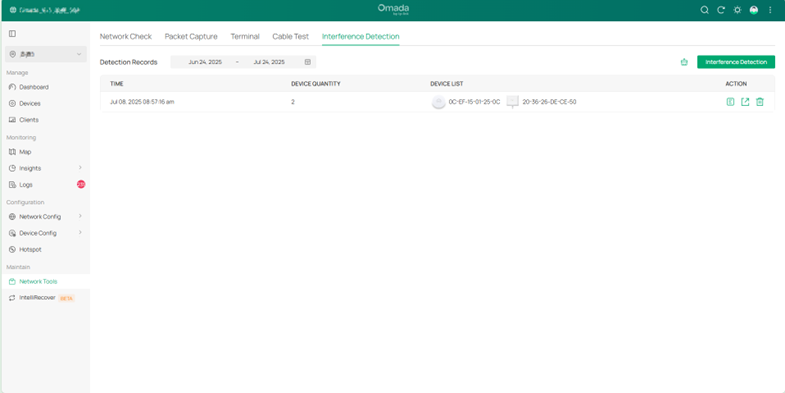 Interference Detection page in Network Tools.