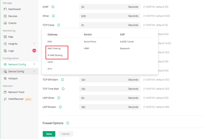 MAC Filtering/IP-MAC Binding of Gateway in Device Config tab.