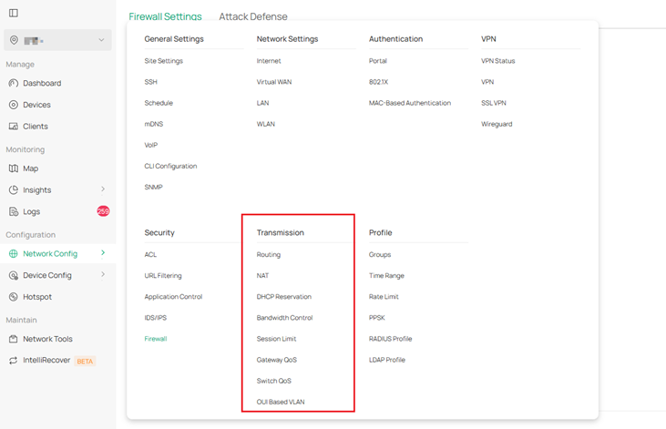 Transmission module in Network Config tab.