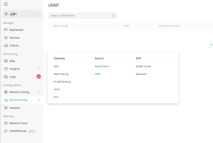 VRRP of Switch in Device Config tab.