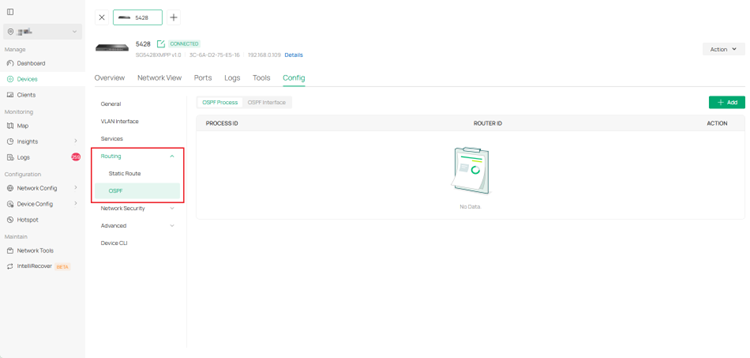 Routing module in switch details > Config.