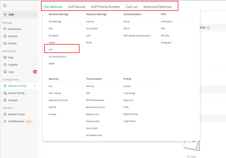 VoIP module in Network Config tab.