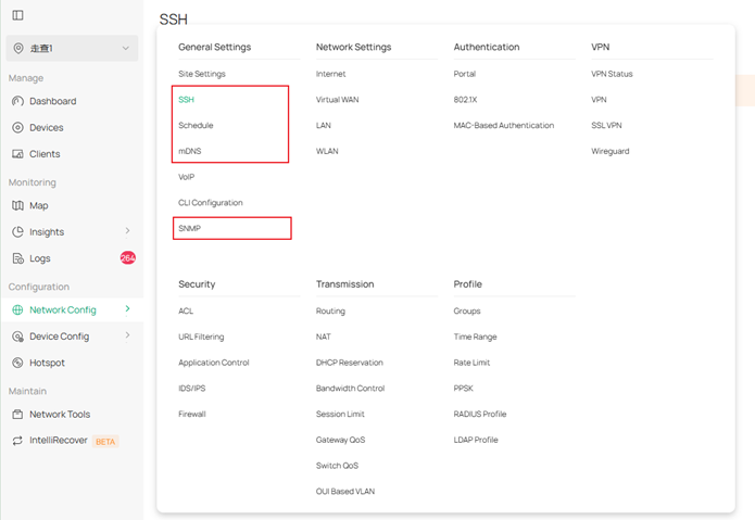 SSH, Reboot Schedule, Port Schedule, mDNS, SNMP in Network Config tab.