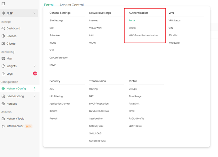 Authentication module in Network Config tab.