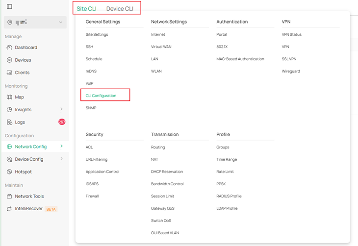 General Settings > CLI Configuration in Network Config tab.
