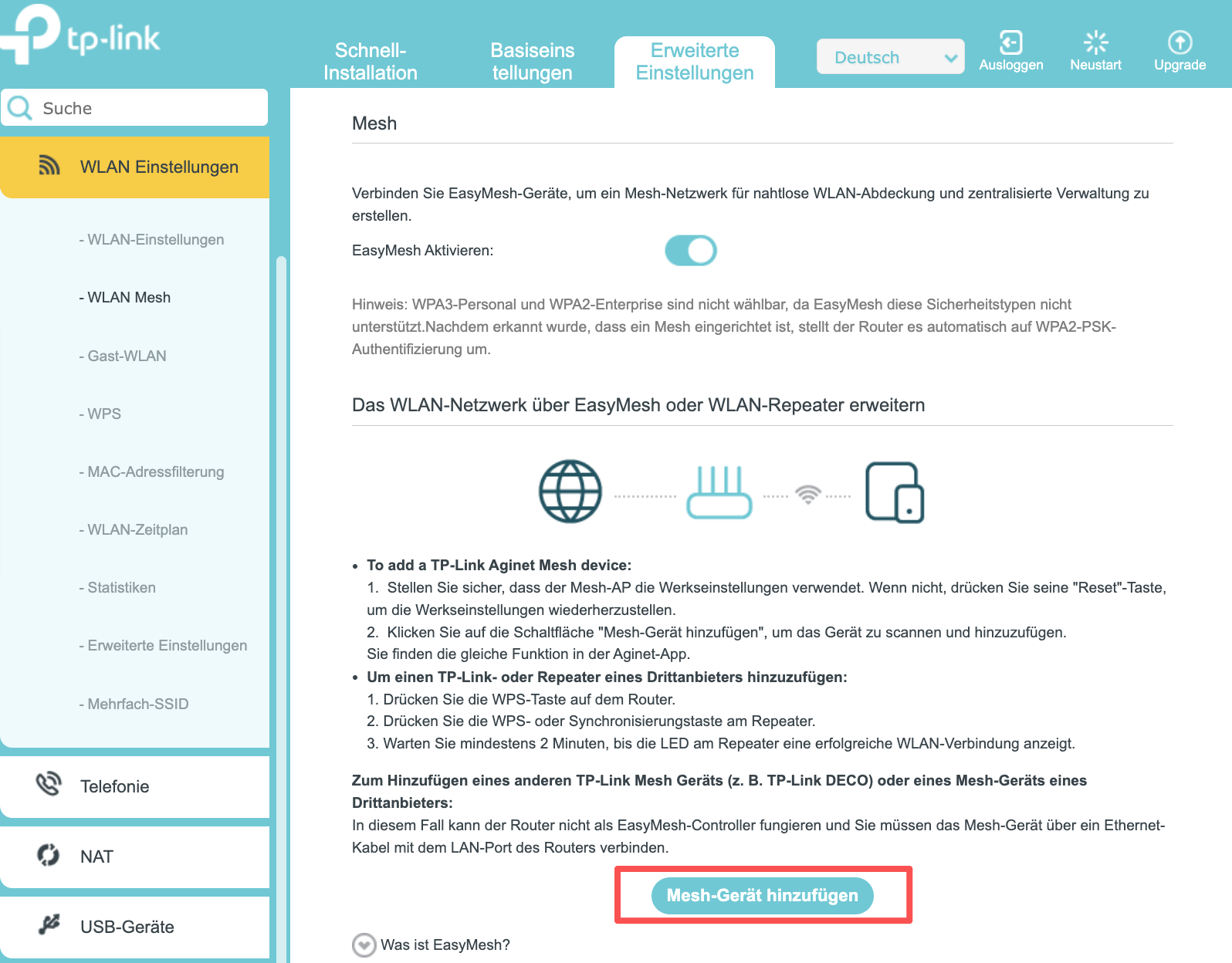 WLAN-Mesh-Seite auf DSL-Modem-Router