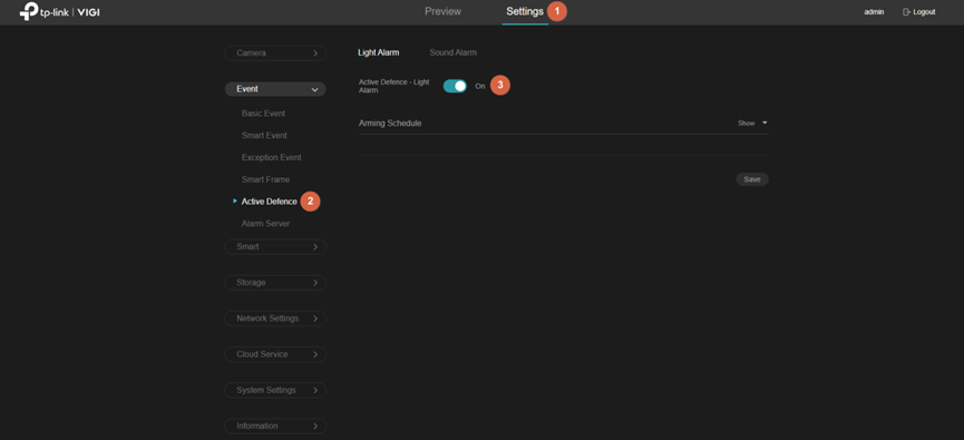 Show path to find the active defence light alarm.