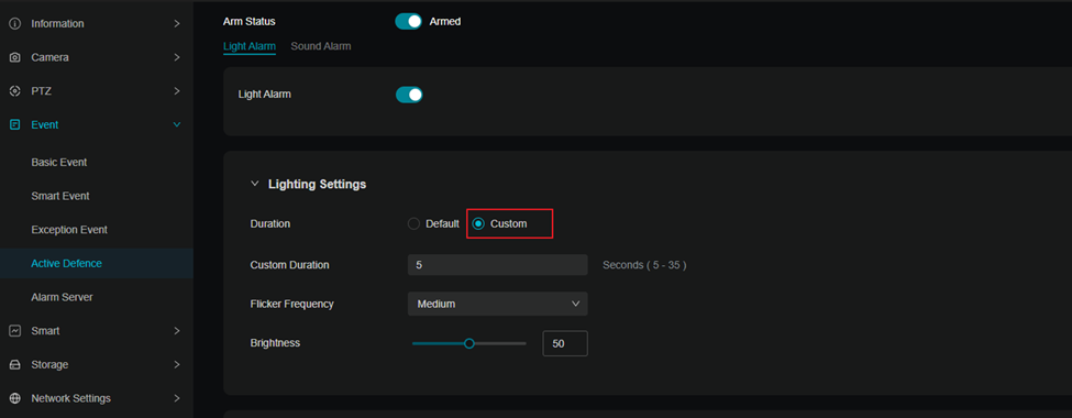 Show path to active defence custom lighting settings.