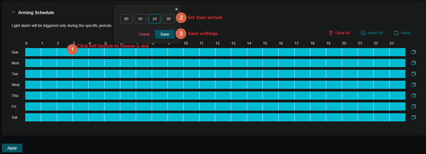 Show setting arming schedule for light alarm.