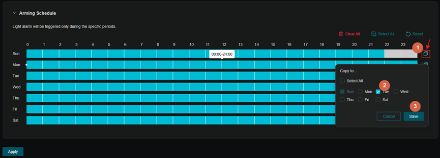 Show editing light alarm arming schedule to copy from one day to another.
