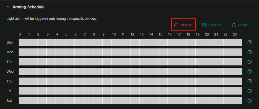 Show light alarm arming schedule clearing all timelines.