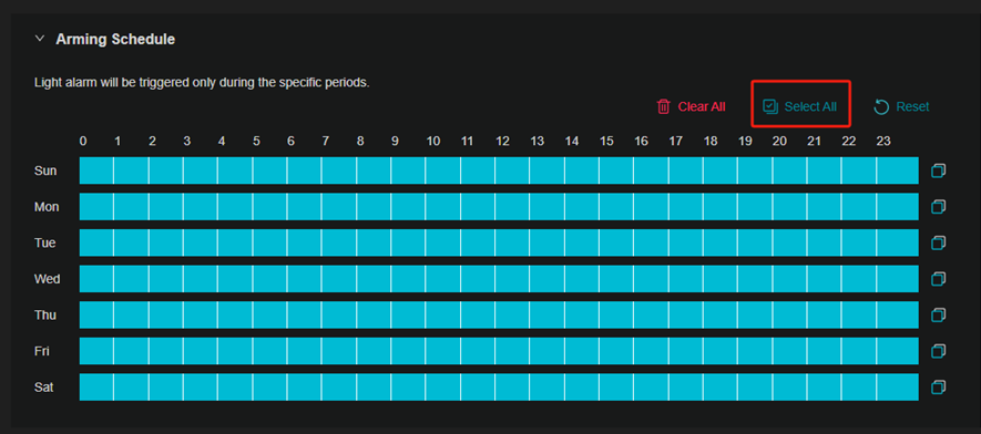 Show light alarm arming schedule option to reset to default state.
