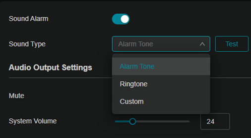 Show active defence sound alarm sound types of alarm, ringtone, and custom.