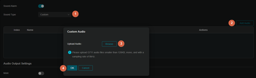 Show sound alarm custom audio upload configuration and browse for file.