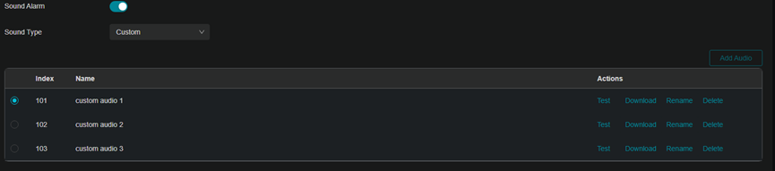 Showing the custom audio files to test, download, rename, or delete.