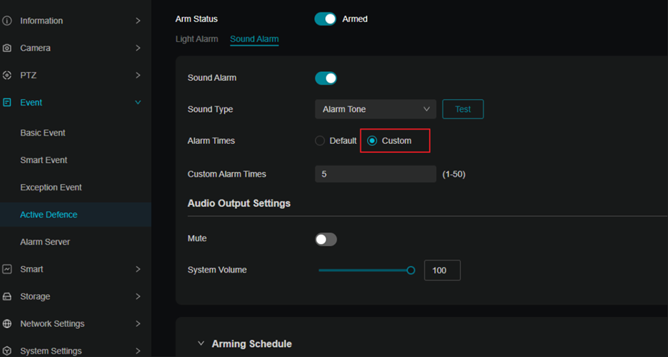 Showing active defence sound alarm path to set alarm times in default or custom.