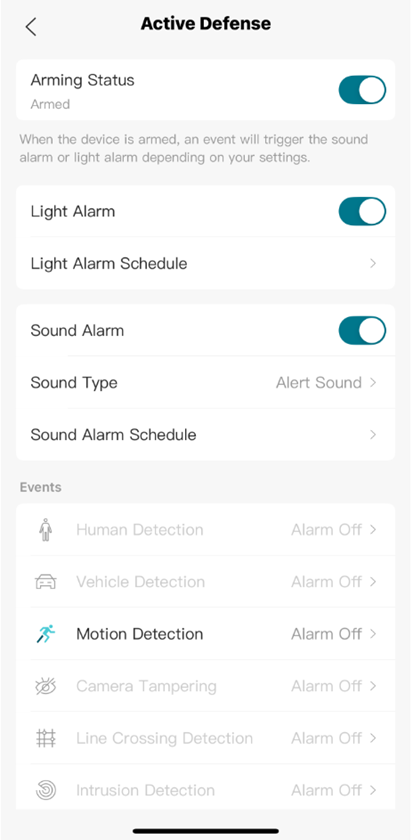Show path to enable the arming status in the VIGI App.