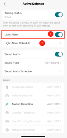Showing the path to enable the light alarm.