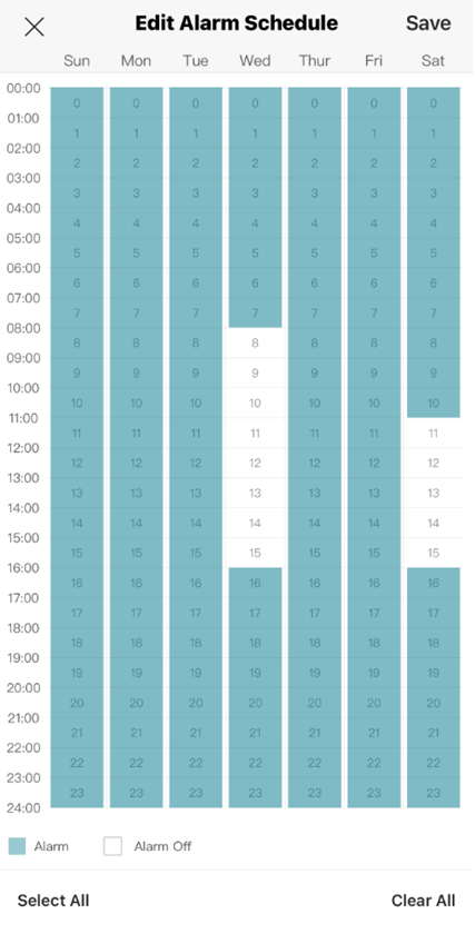 Showing the default sound alarm schedule being edited to define the schedule.