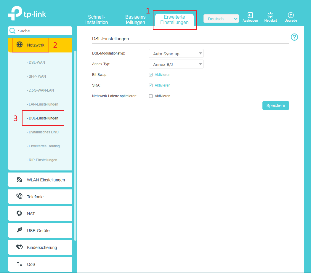 Seite „DSL-Einstellungen“.