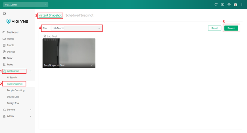 Shows the steps to navigate to the Instant Snapshot feature on VIGI VMS.