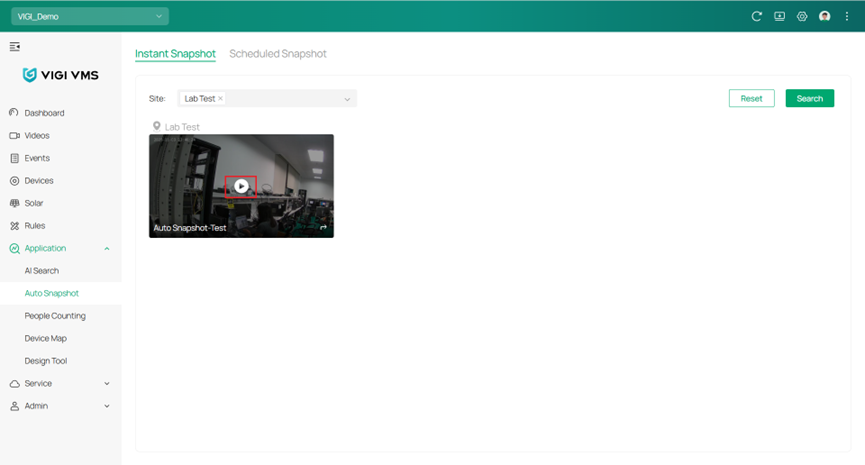 Showing the “play button” under Instant Snapshot on the channel.