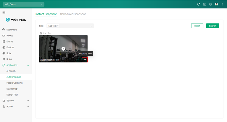 Shows the “Go to Live View” option under Instant Snapshot on the channel.