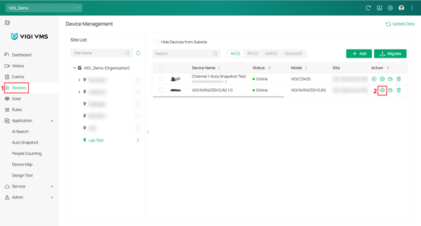 Shows the steps to navigate to the NVR settings on VIGI VMS.