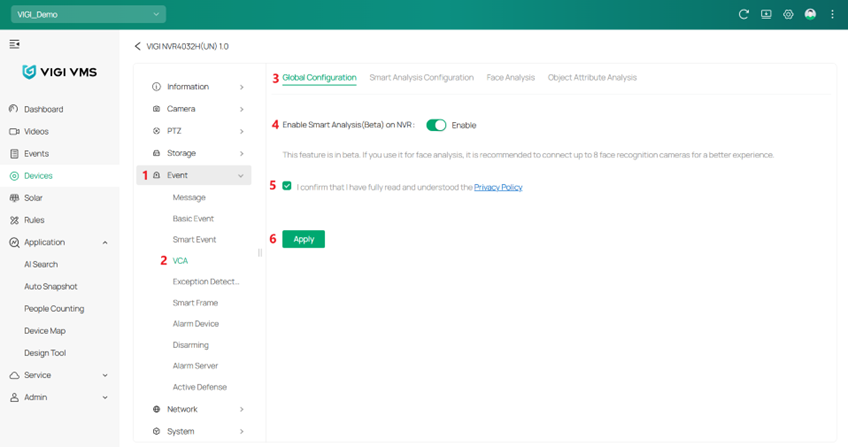 Shows the steps to enable “Enable Smart Analysis(Beta) on NVR” on VIGI VMS.