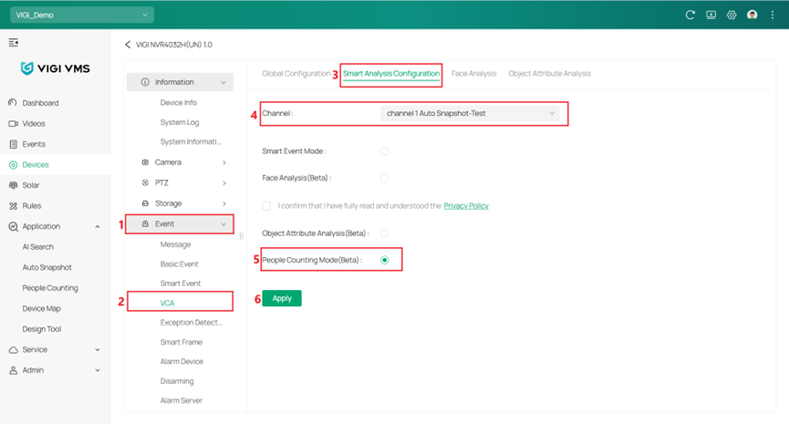 Shows the steps to enable “People Counting Mode(Beta)” on VIGI VMS.