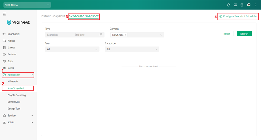 Shows steps to “Configure Snapshot Schedule” in VIGI VMS.