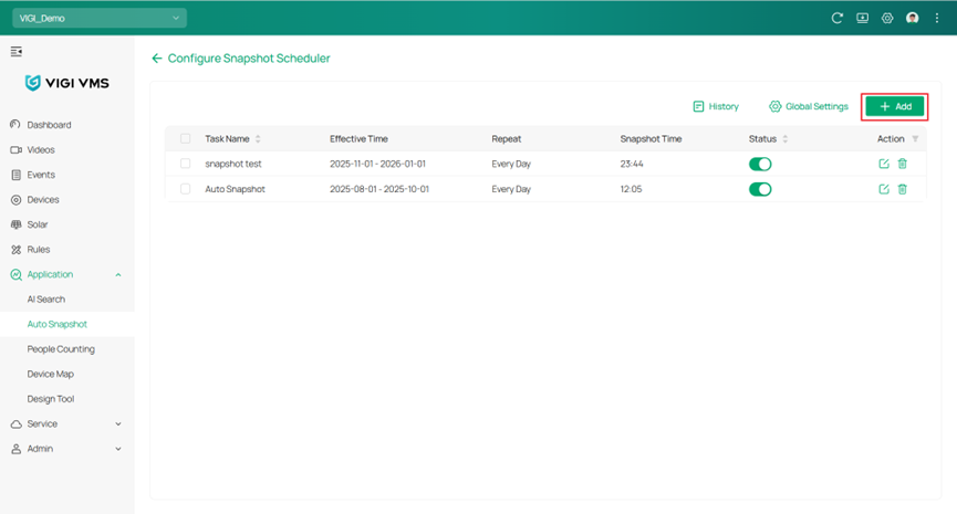 Shows where to click the “Add” button in the “Configure Snapshot Scheduler.”