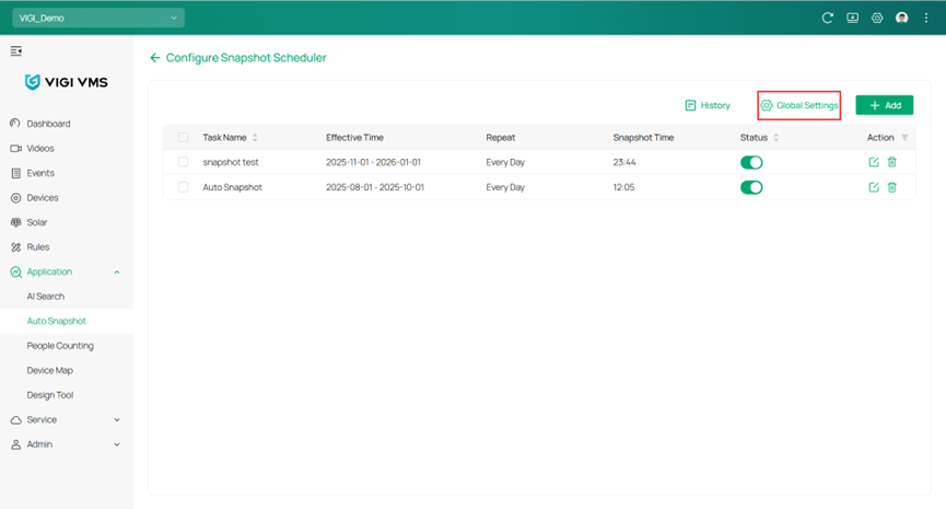 Shows where to click “Global Settings” in the “Configure Snapshot Scheduler.”