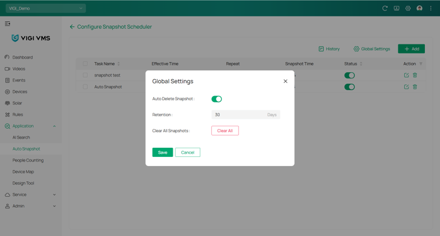 Shows prompt under “Global Settings” for “Auto Delete Snapshot” options.
