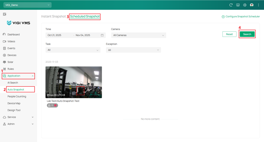 Shows navigation to “Scheduled Snapshot” in VIGI VMS.