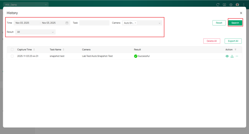 Shows prompt for “History” and how to search by timeframes and cameras.