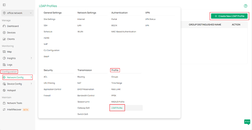Illustrating where to create new LDAP profile in Omada controller.