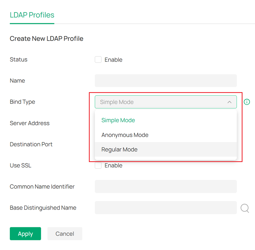 Recommending selecting Regular Mode as bind type when creating LDAP profile.