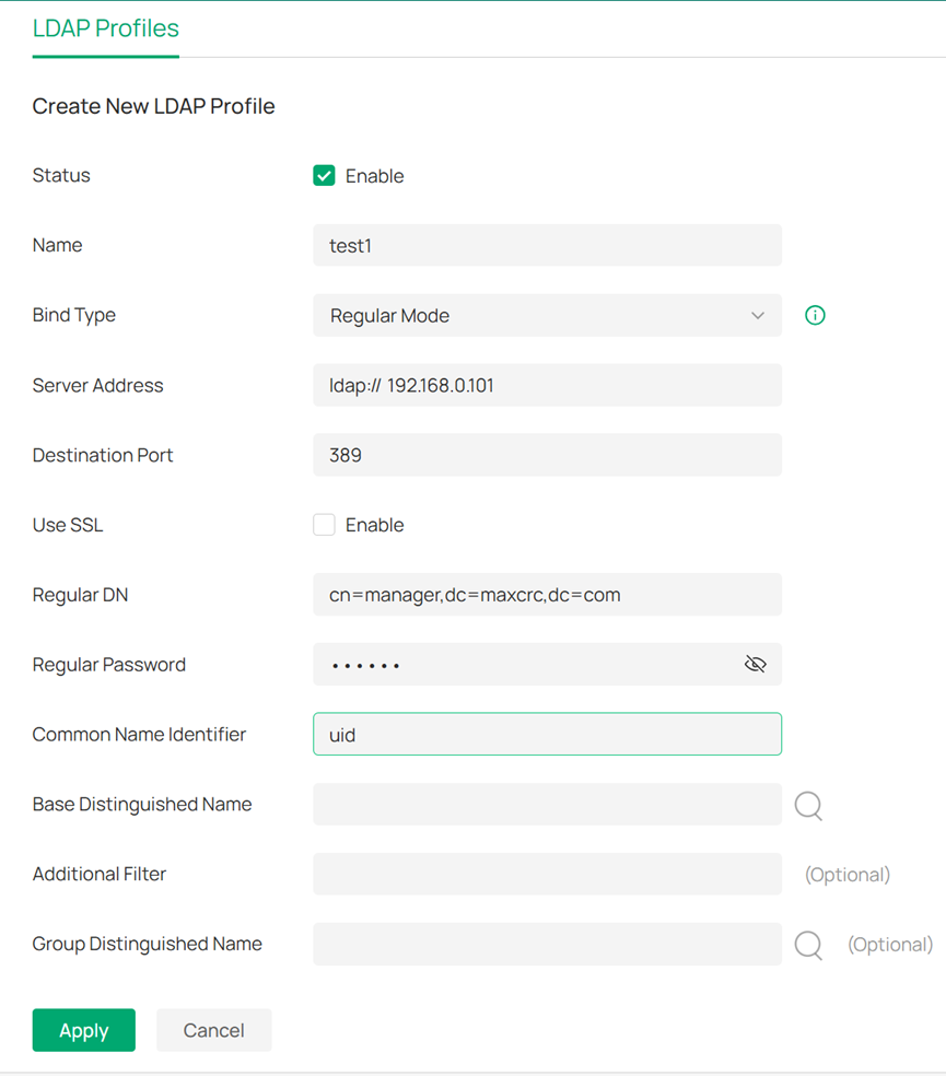 Recommending selecting Regular Mode as bind type when creating LDAP profile.