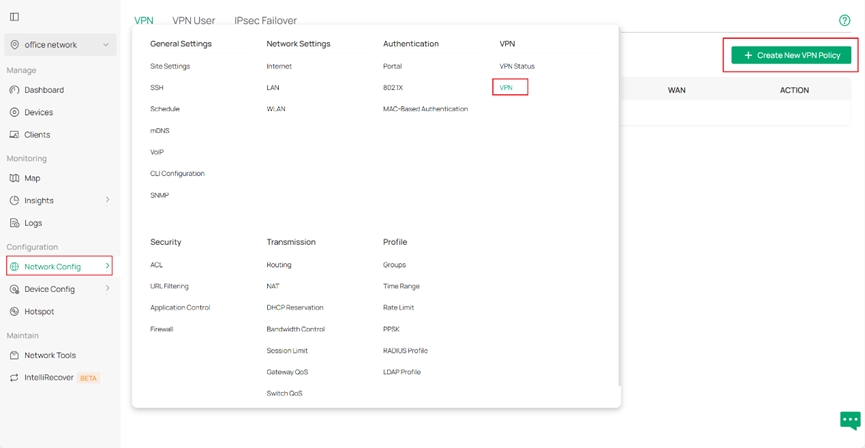 This picture tells where to create new VPN policy.