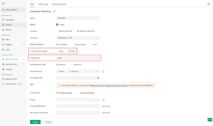 Binding the pre-config LDAP profile with your L2TP VPN set.