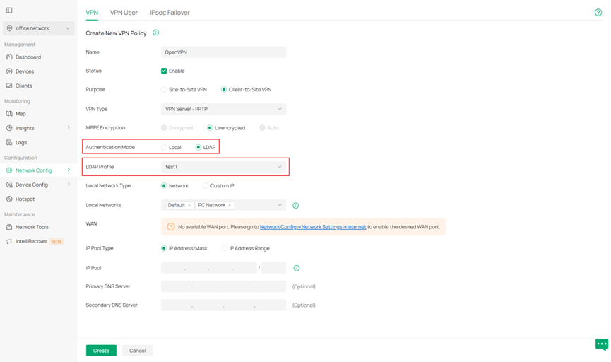 Binding the pre-config LDAP profile with your PPTP VPN set.