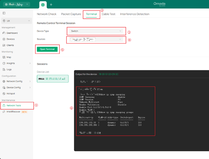 Checking multicast table entries on the switch using the Terminal tool.