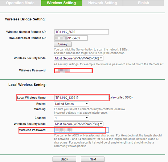 Wireless Setting page.