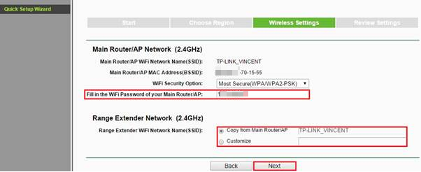 Input password of the extended wireless network.