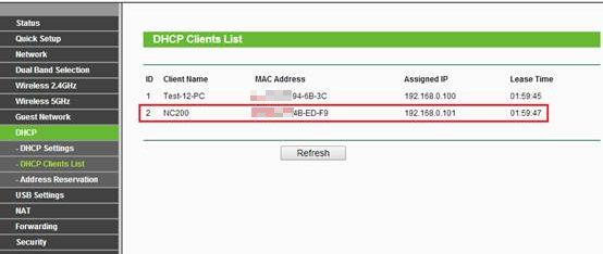 Find camera IP via main router's webpage.