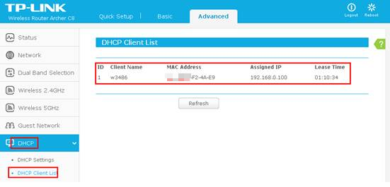 DHCP Client List page.