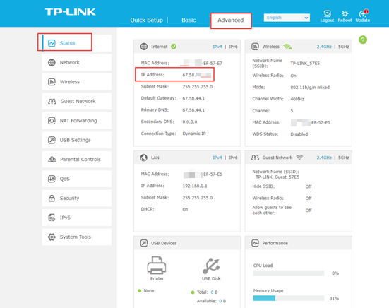Advanced-Status page of new designed blue UI.