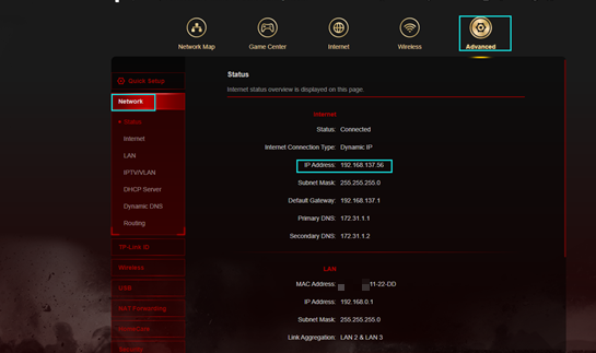 Advanced-Network page of gaming router UI.