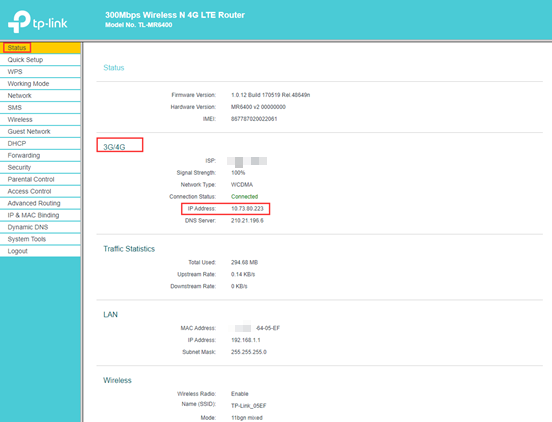 Status page of 4G LTE Router.